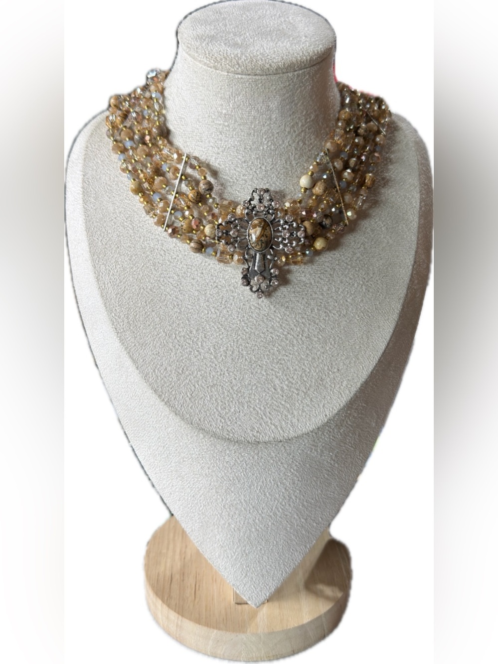Shyanne Beige 5 -Strand Beaded Choker Necklace with Ornate Cross Pendant